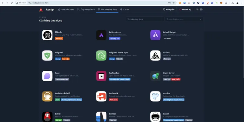 Danh sách ứng dụng mặc định của Runtipi