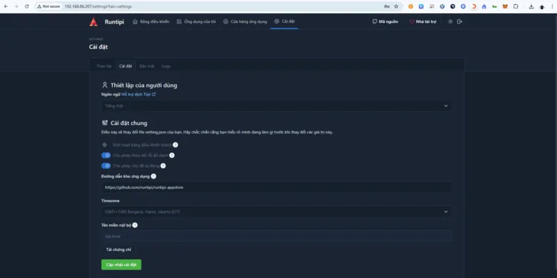 Giao diện cài đặt của Runtipi